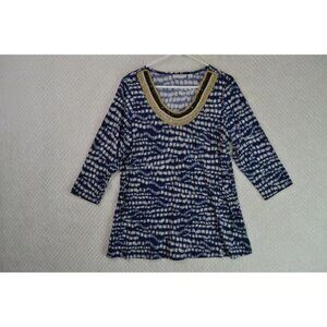 Susan Graver Woman's Large Blue Liquid Knit V Neck 3/4 Sleeve Tunic Top